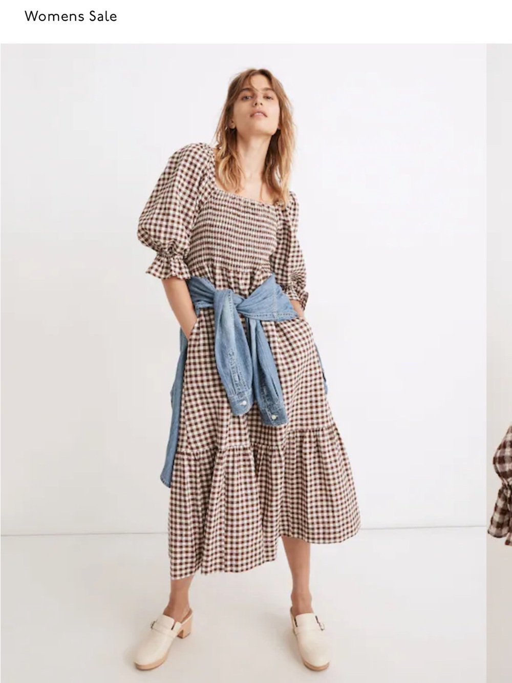 Madewell Gingham Puff-Sleeve Midi Dress in Brown and Cream